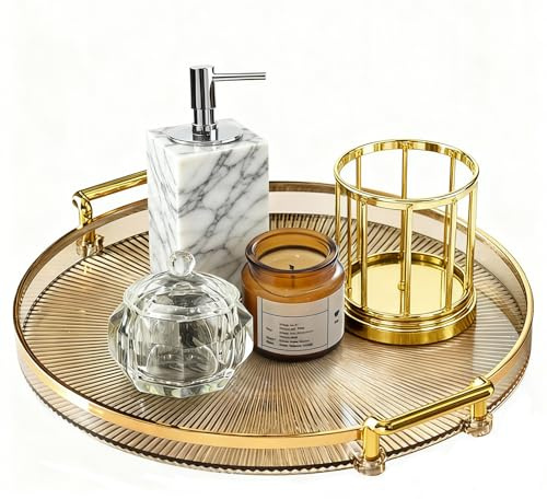 Gold Serving Tray with Handles - 10.6'' Round Decorative Tray Acrylic Perfume Plate Reusable Plastic Serving Platters, Amber Gold Make Up Display Tray for Home, Coffee Table, Breakfast, Tea, Fruit