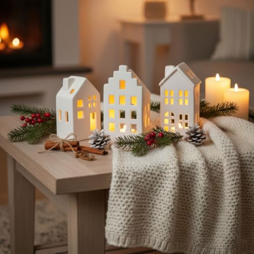 levandeo 3er Set Teelichthalter Haus Weiß Keramik Kerzenhalter Lichthaus Kerzen Scandi Tischdeko Weihnachten Deko Kerzenhaus