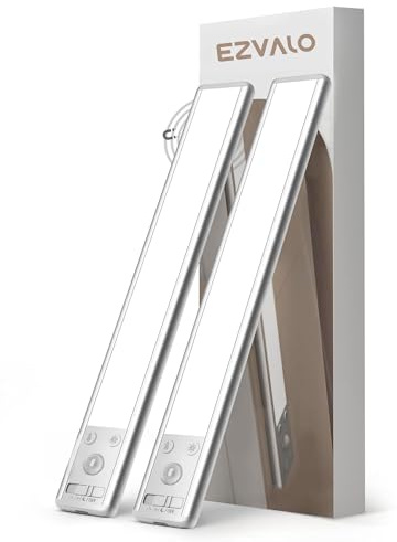EZVALO Schrankbeleuchtung LED mit Bewegungsmelder, 30 cm, Silber, 2 Stück | 3500mAh Aufladbar, Schrankleuchte Kabellos, 3 Farbmodi Dimmbar Schranklicht, Unterbauleuchte für Schrank und Küche