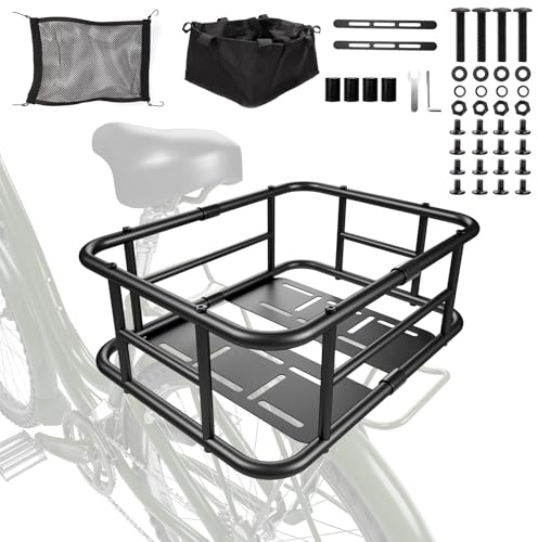 Bike Basket Rear, Bicycle Basket with Liner,Waterproof Cover,Cargo Net, Large Bike Back Baskets, Heavy Duty Rear Bicycle Baskets for Most Bikes and E-Bike (16.5X12.6X6 Removable)
