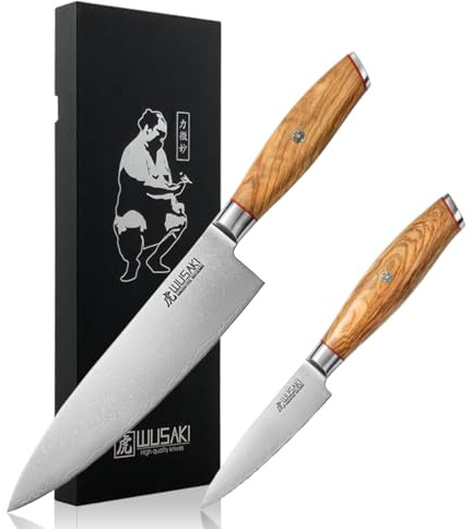 Wusaki Fujiko - Coffret 2 couteaux Chef + Office design japonais lame damas 10CR manche en bois d'olivier