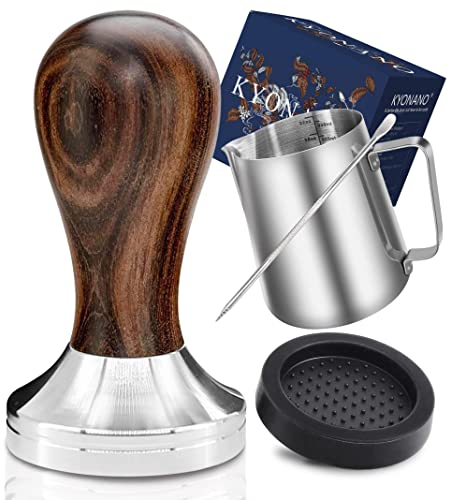 KYONANO Espresso Tamper 51 mm, Caffè Tamper in acciaio inox di alta qualità e manico in vero legno, Barista Tamper con tappetino per tamper, bricco per latte [350 ml]
