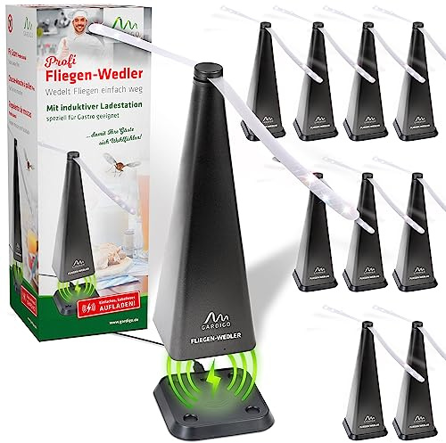 Gardigo Profi Fliegenwedler mit induktiver Ladestation - 10er Set I Fliegenvertreiber für Catering, Gastronomie, Haus, Hotel, Garten I Fliegen Abwehr I Lebensmittel Insektenschutz I Restaurant