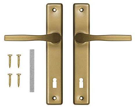 ADGO Set di Maniglie per Porta Destra e Sinistra per Porta con Chiave, R=90 mm, Rettangolare, Maniglia in Alluminio, Piastra in Acciaio, Verniciata a Polvere, Galvanizzata, Oro