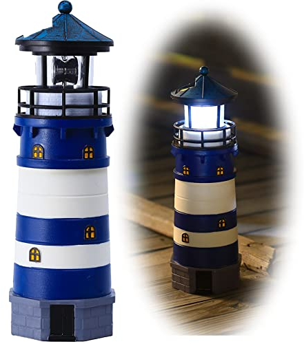 HSHD Phare solaire décoratif – Phare solaire de 30 cm de haut avec balise rotative, décoration de phare rotatif à 360 degrés, meilleur cadeau pour les enfants (rond, bleu)