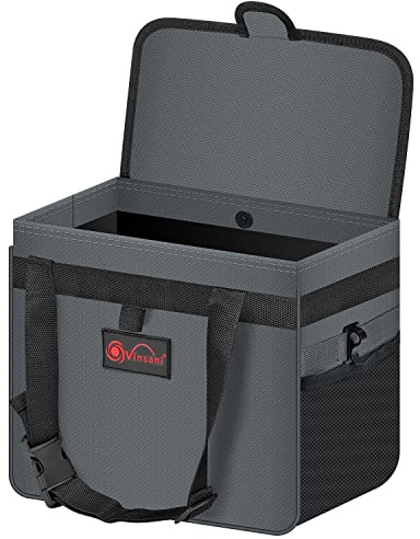 Vinsani Car Rubbish Bin with Lid Cover Waterproof Leakproof Interior Foldable Adjustable Straps Car Seat Boot Storage Bag Trash Holder Waste Organiser Car Accessories – Large/Grey