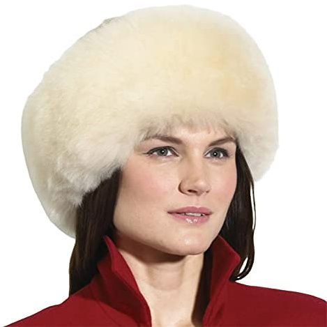 Women's Faux Fur Russian Beret Hat Cossack Style Ear Warmer Earmuff Fur Headband Round Thick Winter Wrap Cap (Beige, One Size)