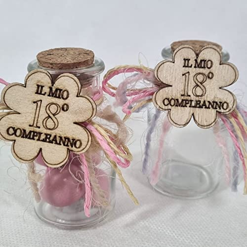 barattoli portaconfetti 18 anni in vetro tappo di sughero nastri shabby chic e quadrifoglio