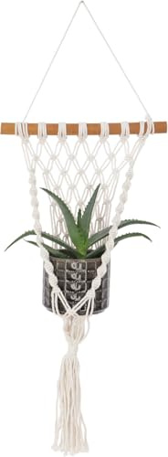 Makramee Blumenampel im Boho Stil aus Baumwolle, handgeknüpft, Modell 1 | Stilvolle Dekoration für Innen- und geschützten Außenbereich, Holzstange, 70er Jahre Flair, einzigartiges Design