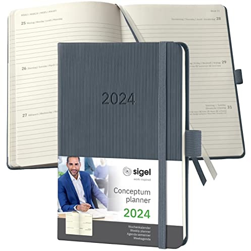SIGEL C2467 Terminplaner Wochenkalender 2024, ca. A6, dunkelgrau, Hardcover, 176 Seiten, Gummiband, Stiftschlaufe, Archivtasche, PEFC-zertifiziert, Conceptum