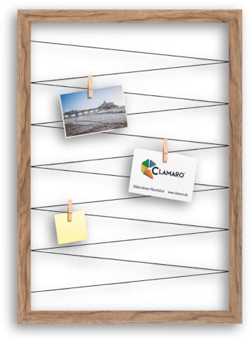 CLAMARO Bilderrahmen Collage Flex, 55 x 75 cm, Eiche Catania, Wandaufhänger | MDF-Holzrahmen vollummantelt, vorgespannte Gummileine, Echtholz-Fotoklammern, für Fotos, Postkarten, Notizen