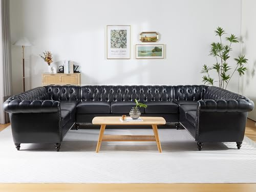 ORRD U Shaped Large Sectional Sofa, Chesterfield Leather Faux Couch Tufted Accent Sofa with Scroll Arms and Nailhead for Living Room, Office