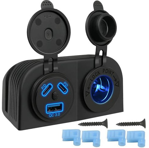 Giantdeer Presa di Ricarica per Auto Tipo Tenda 2PD+QC3.0, Pannello di Ricarica della Presa Impermeabile IP66 con Interruttore a Chiave, 3 Prese USB per Auto 12-24V, Barca, Auto da Spiaggia