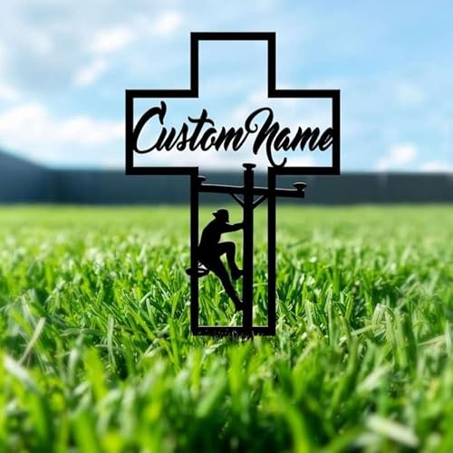 Personalized Lineman Memorial Sign 8x8 inches Grave Marker Lineman Cross Sympathy Gift for Loss of Loved One (style 36)
