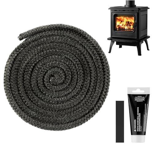Navaris Guarnizione Stufa a Pellet - Nastro Isolante per Camino - Corda per Sportello Termocamino - 3 m Lunghezza - 12 mm Diametro - con Colla e Chiusura