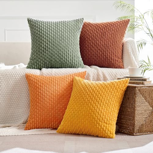 MIULEE 4er Set Kissenbezug 50×50cm Kordsamt Ananas-Ähren Orange Grün Serie