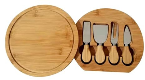 Charcuterie-Brett Bambus-Käsebrett-Set mit rundem Holzbrett für Picknicks und Partys mit 4 Edelstahlmessern und Gabel Charcuterie-Brett Küchen
