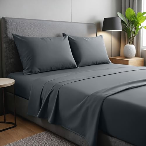 gobedreams Juego de Sábanas 4 Piezas 150x190/200. Sábanas de Cama de Poliéster Microfibra cepillada. Sábana Plana, Sabana Bajera Ajustable y 2 Fundas de Almohada. Color Gris Oscuro