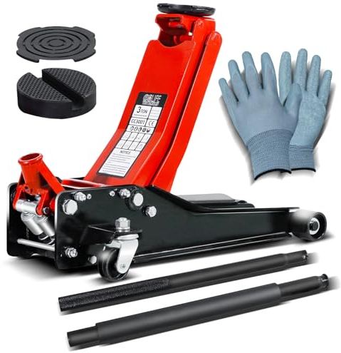 CCLIFE Cric Idraulico per Auto 3T martinetto idraulico super ribassato Altezza di Sollevamento 75-510mm Guanti da Lavoro Tappetino in Gomma