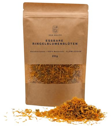 Essbare Ringelblumenblüten getrocknet | Calendula Blüten 20g - getrocknete Blüten für Tee, Cupcakes, Salate & Torten