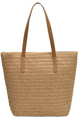 Kavjizy Stroh Strandtasche für Frauen, Strohtasche mit Reißverschluss, Sommer gewebte Tasche Strand Reise Handtasche, Handgefertigte Boho Casual Stroh Schultertaschen (Braun)