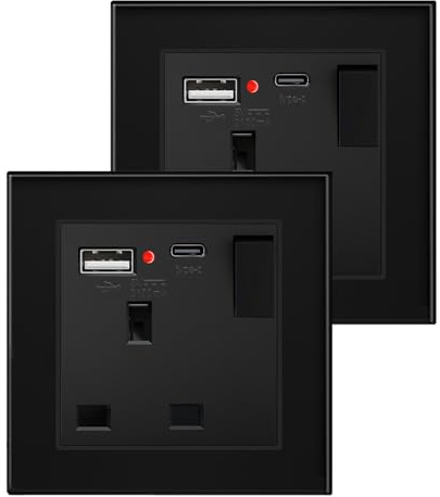 BSEED Single Switched Socket with USB C and USB A Charging Ports, UK Standard Electric Power Sockets with Glass Panel, 1 Gang Wall 13A Socket, Black, 2 Pack