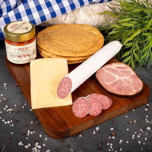 WURSTBARON® Brotzeitpaket Dolce Vita, Geschenkset mit Nduja, Speck, Käse, Salami und Brot, Wurstpaket mit Streichsalami, Schwarzrauchschinken, Butterkäse, Salametti & original südtiroler Schüttelbrot