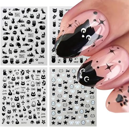 Mrltau 4 pcs Cute Nail Sticker, Nagelsticker Selbstklebend, Nail Art Sticker, Nagel Stickers, schwarz Nageltattoos, Nagelsticker Kinder, Fingernägel zum Aufkleben Kinder, Nagel Aufkleber