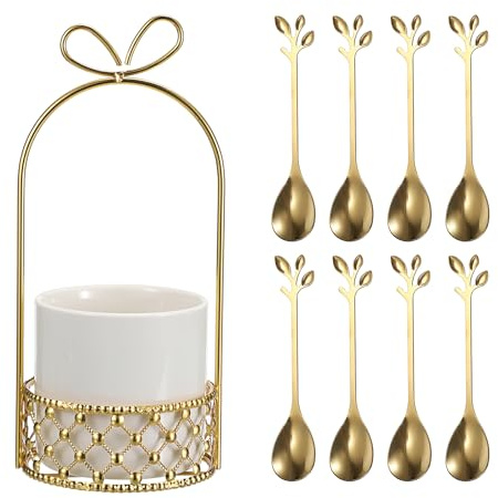SUMTree 8PCS Coffee Spoons Set with Glass Holder Steel Golden Tea Spoons | Small Stainless Steel Gold Tea Spoons Golden Spoons Mini Dessert Spoon Set for Fruit,Stirring, Mixing, Sugar, Ice Cream, Cake