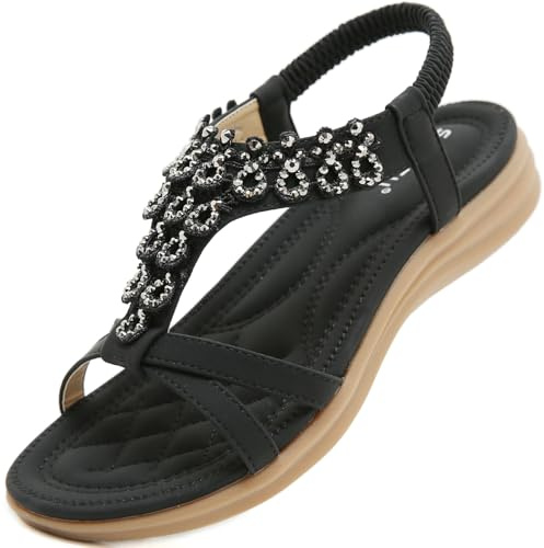 Acfoda Sandali Donna Estive Comodi Ortopedico Bohemia Infradito da Spiaggia Bassi Flip Flop Eleganti Scarpe Nero 39