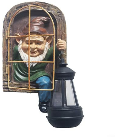 Beleuchtete Zwergenstatue aus Kunstharz, Gartenzwerge, Solar-Gartenornament mit klappbarem Fenster, Outdoor-Dekoration für Hof und Zaun