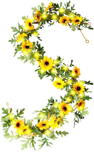 Frühlingsdeko Girlande mit Beleuchtung, 175 CM Sonnenblume Girlande mit 3M 20 LED Lichterkette, Leuchtend Girlanden Frühling, Künstliche Blumengirlande für Frühling Heimdekoration, Hochzeit, Party (D)