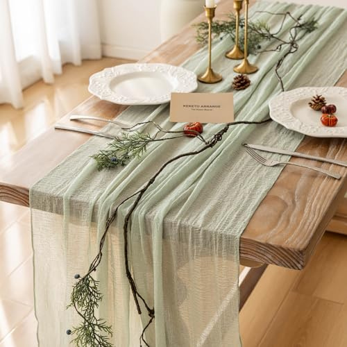 3Pcs Sage Green Cheesecloth Table Runner 120 Inches for Party Home Decor