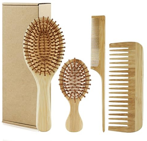 Cepille de bambú 4pcs Cepillo para el cabello de bambú de El crecimiento del cabello, incluye peine de dientes anchos, peine de cola, gran y mini paleta para brillo y salud, cuero cabellud.