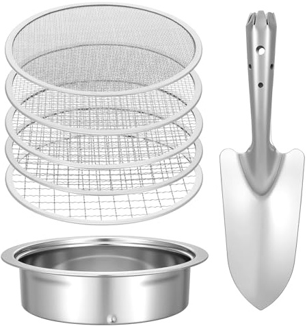 Bodensieb Edelstahl Set, Schmutzsieb für Gartenarbeit mit 5 Größen Filtergitter 8 Zoll Durchmesser 1/3/6/9/12mm austauschbar, Garten Blumenerde Sieb mit Schaufel für Sand Felsen Schmutz Kompost