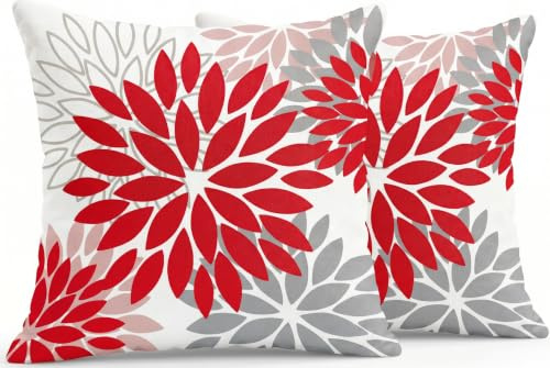 JANGYUHH 2er Set Kissenbezug 45x45 Modern Blumen Dekokissen Zweiseitiges Muster Rot Grau Sofakissen Dahlien Outdoor Kissen Leinen Dekorative Kissenbezüge für Sofa Garten Wohnzimmer Bett