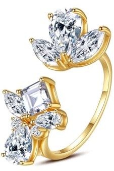 Tolldek 14 Karat Au585 Gold Partnerringe Echt Goldschmuck, Moissanit Schmetterling Freundschaftsringe Tropfenschliff, 14K Gelbgold Solitärring Echt Goldschmuck, 54 (17.2)