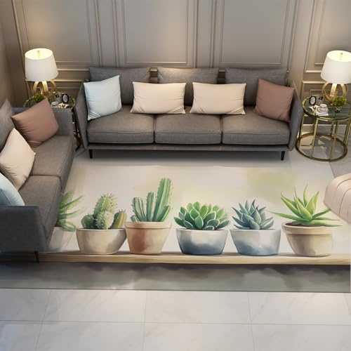 UERWOWELL Non Slip Washable Rug Tropical Green Cactus & Succulent Plant Pot Pattern Thin Carpets for Living Room Bedroom Kitchen Farmhouse 120x240cm