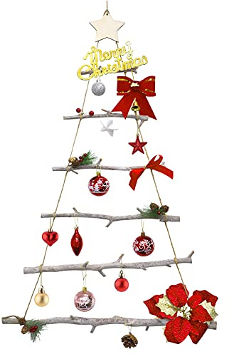 Wanddekoration Hölzerner Wand Deko Holzbaum Weihnachtsbaum Deko Holzleiter Tannenbaum für Zierschmuck Deko-Holzleiter in Weihnachtsbaum-Form zum Aufhängen 90x55cm