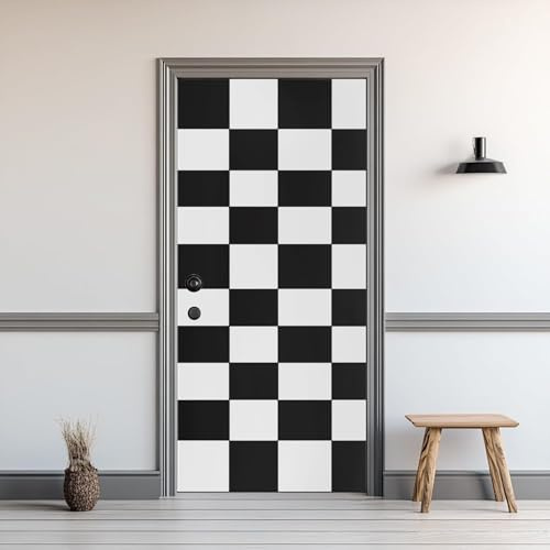 Türbekleben Schwarz-Weiß Kariert Türtapete, Selbstklebend TürPoster Schachbrettmuster Türbilder, 3D Fototapete Türfolie Poster Tapete Türaufkleber Tür Tapeten 88 x 200 cm q.8882