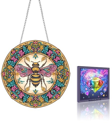 VAIIEYO Bee Diamond Painting Hanging Ornament, Window Hanging Kit with Chain, Special Shaped Crystal Pendant Animal Diamond Art Craft for Gift Home Wall Front Door Garden Decoration