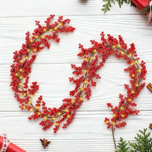 Weihnachten Beerengirlande Rot 2m Künstlich Girlande Weihnachtsgirlande Weihnachtsgirland mit Beleuchtung GirlandeWeihnachten Weihnachtsdeko für Innen Außen Kamin Winter Saison
