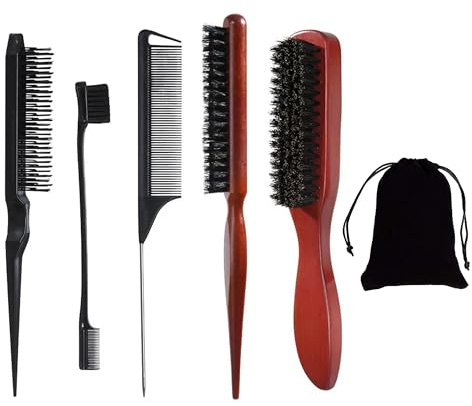 Vildsvinsborst, 5 stycken kantborstar, Sleek Bun-borste, Teasing Hair Brush, toupierborste råttsvanskam med förvaringsväska för hår och skäggstyling