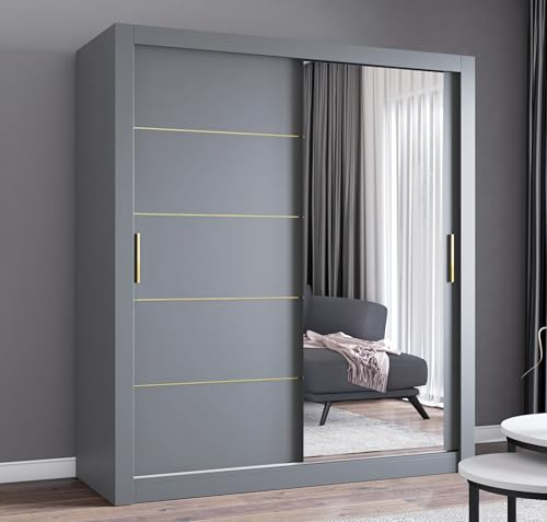 AOF-IBIZA Gold Sliding Mirror Door Wardrobe – Modern Bedroom Closet with Shelves, Hanging Rails & Drawers – 100–250cm – White, Grey, Oak, Black (Grey, 203cm)
