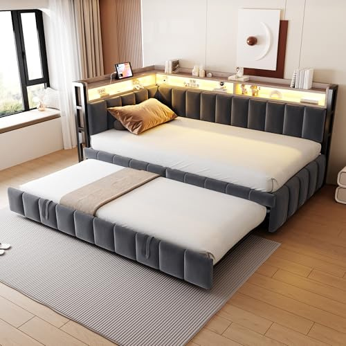 Polsterbett Schlafsofa 90x200, Bettgestell mit Ausziehbett, LED-Beleuchtung, USB Typ-C-Anschlüssen und Ablagefächern, Tagesbett Gästebett Jugendbett mit Lattenrost, Samtstoff, Ohne Matratze, Grau