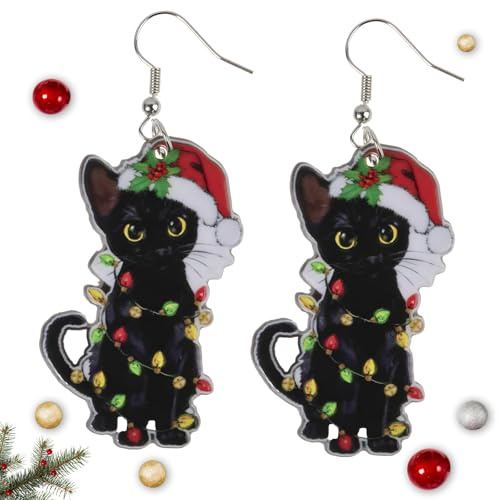 Lysjoy Boucle D'oreille Noel, Boucles D'oreilles Noel Femme, Boucle D Oreille Noels, Bijoux NoëL Femme, Boucles D'Oreilles de NoëL, Accessoire Noels Femmes, Christmas Earrings pour Adultes (Chat)
