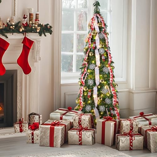 LIFERUN 150cm Árbol de Navidad Desplegable, Arbol de Navidad Plegable con 120PCS Luces LED, 11 Modos de Iluminación, con Bolas y Cintas, Decoración de Navidad para el Hogar, Oficina
