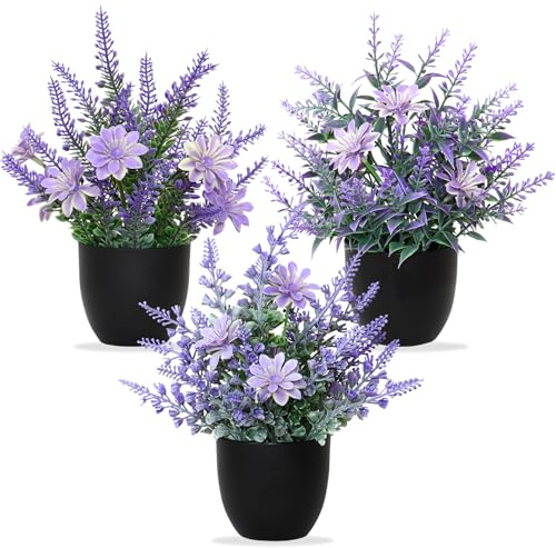 Lot de 3 plantes artificielles lavande avec pot noir - Petites plantes vertes - Décoration d'intérieur - Pour bureau, maison, chambre, salon, salle de bain