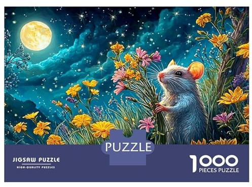 Piccolo mouse con fiori, puzzle da 1000 pezzi, prato chiaro di luna, gioco impegnativo, divertimento, jogging al cervello 100% cartone riciclato accessori per la casa 38 x 26 cm, 1000 pezzi