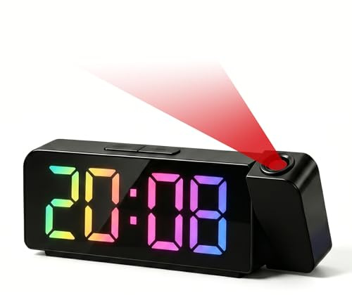 Projektionswecker für Decke Wände, 180° Projektor Digitaler Wecker , Projektionsuhr mit Temperatur, Datum, Großer 7 LED-Anzeige, USB-Ladegerät, Einstellbare Helligkeit, Lauter Wecker Schlafzimmer